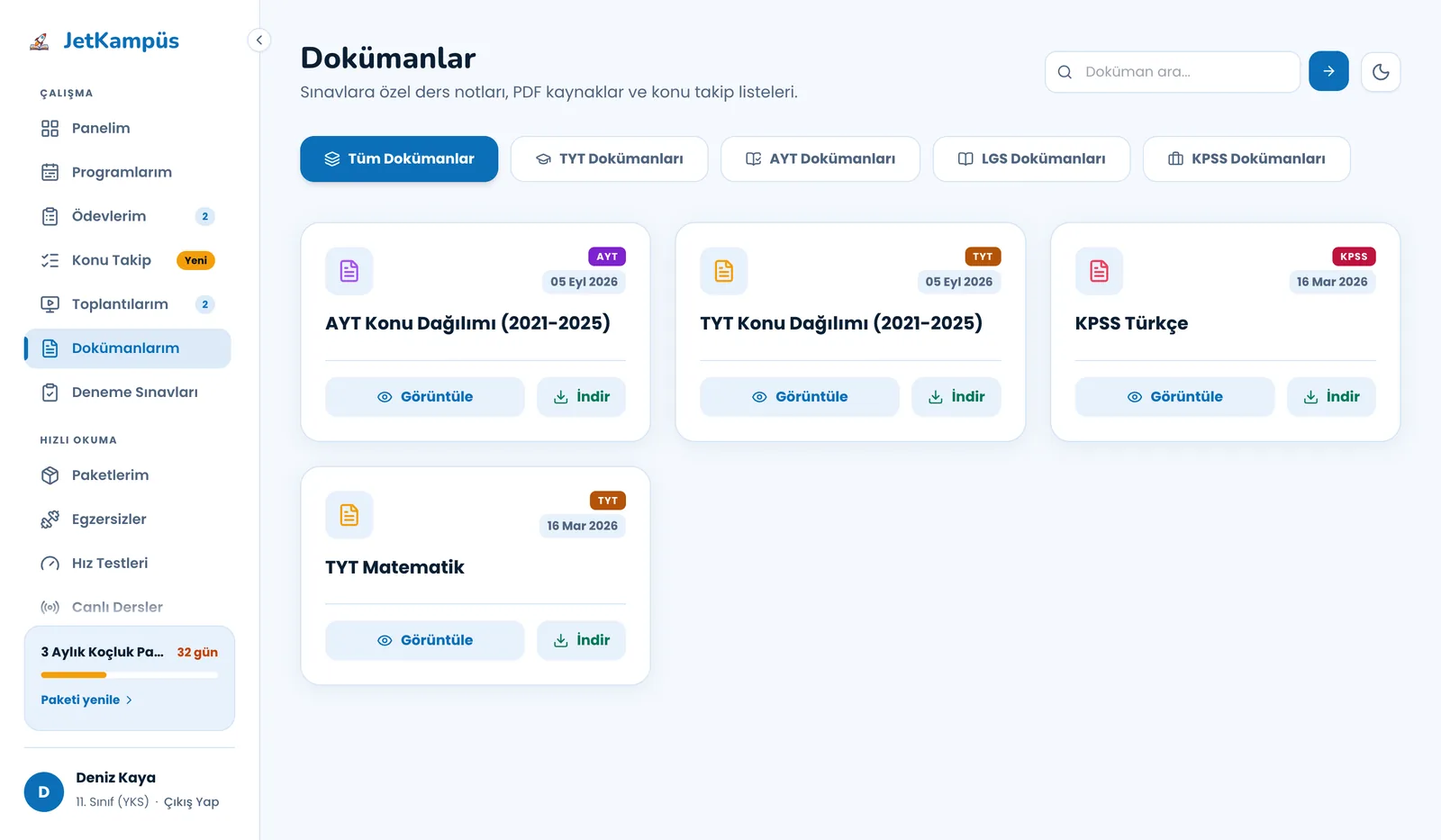 Dokümanlar ekranı: sınav türüne göre filtrelenen PDF kaynak kartları, görüntüleme ve indirme butonları.