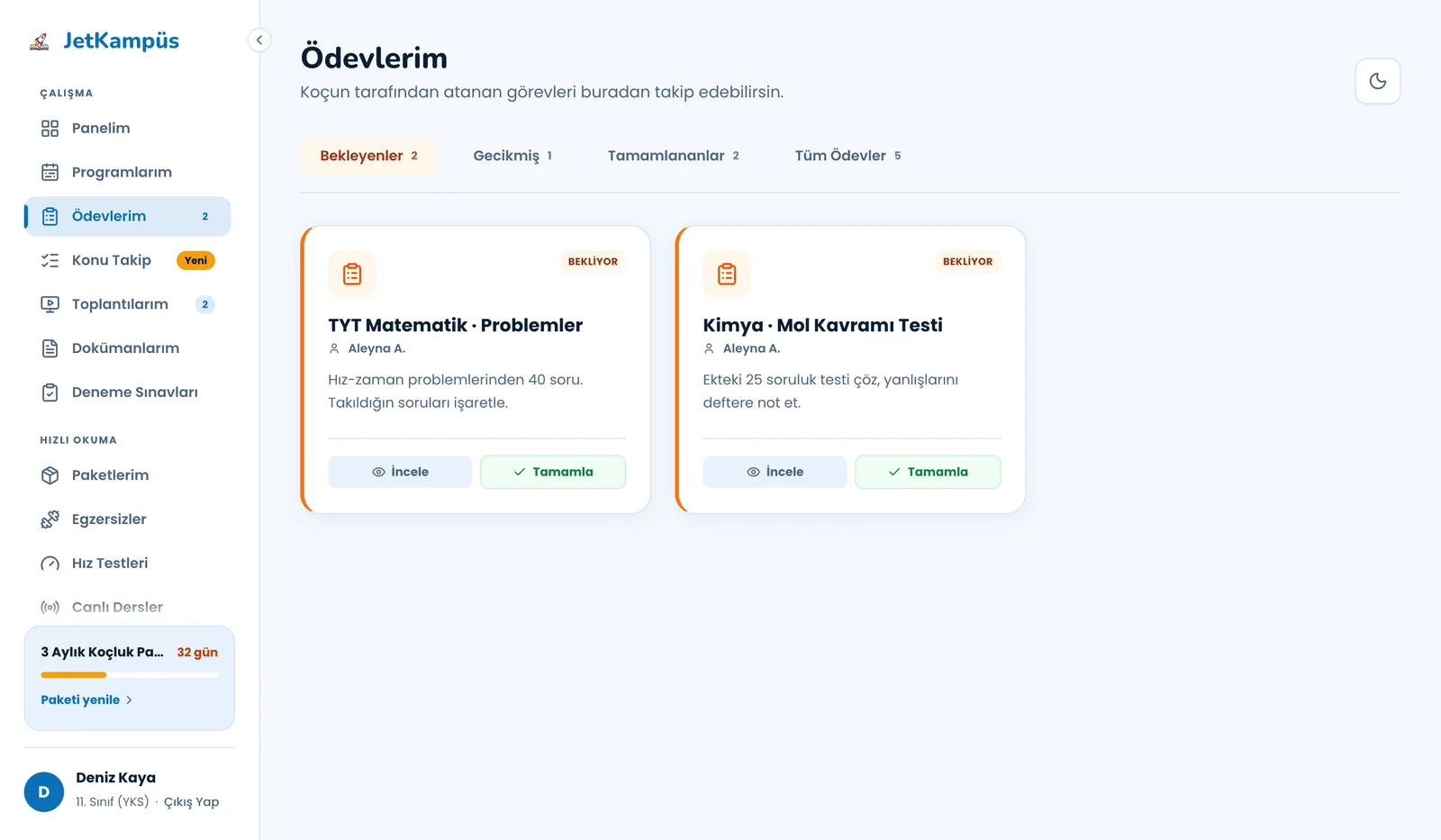 Ödevlerim ekranı: bekleyen ve gecikmiş ödev kartları, açıklamaları ve tamamlama butonları.