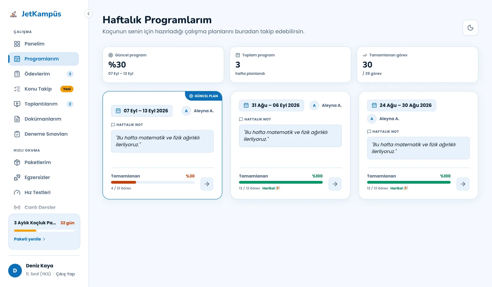Programlarım ekranı: koçun hazırladığı haftalık çalışma planları ve tamamlanma oranları.