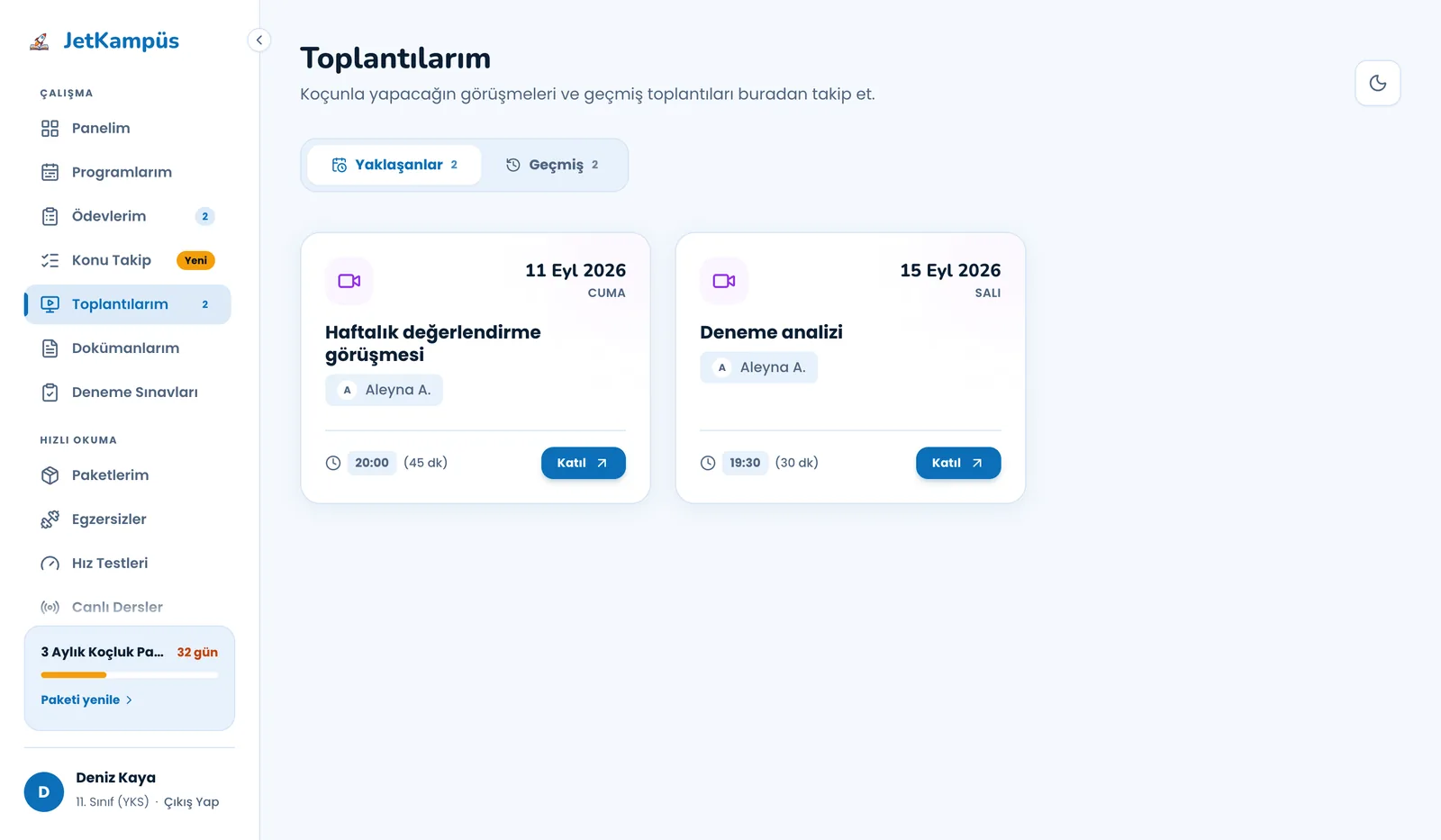 Toplantılarım ekranı: yaklaşan görüşme kartları, tarih, saat, süre ve Katıl butonu.